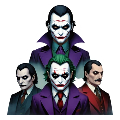 Thriller Movie Icon: A dark, intense collage with close-up images of iconic thriller characters like Joker, Hannibal Lecter, and Vlad Dracula. The background features a moody Gotham City skyline, with shadowy figures and fog. Atmospheric, suspenseful tone. Transparent background. sticker
