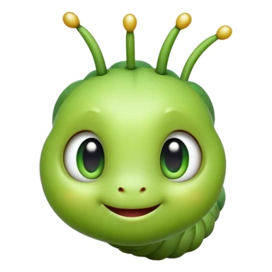 Cinematic Realistic Cute Caterpillar Portrait Emoji, Head tilted playfully and inquisitively, featuring a compact, segmented body in bright, vibrant green with delicate, inviting textures and a charming, rounded face with sparkling eyes full of curiosity, rendered with lifelike detail and natural highlights, high shine, affectionate and spirited, styled with a touch of garden whimsy, soft glowing outline, capturing the essence of a mischievous yet lovable caterpillar that seems poised to crawl cheerfully into your arms! sticker