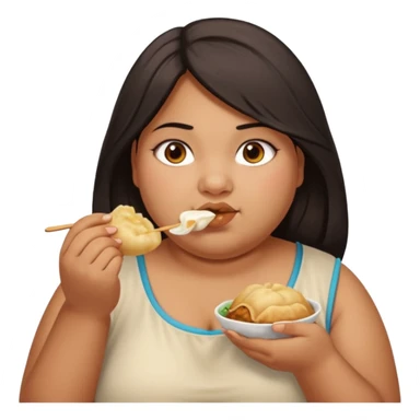 Can you create an emoji of a half Indian - half white 23 year old girl with dark brown mid length hair and brown eyes who is super obese and eating a dumpling. Can the emoji be from head to toe sticker
