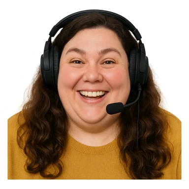 chubby English teacher with wavy long brown hair, happy face, gamer vibe, for online classes, only face sticker