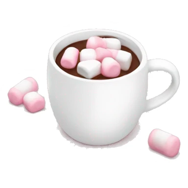 White mug with a pink bow handle filled with hot chocolate and baby pink and white marshmallows sticker