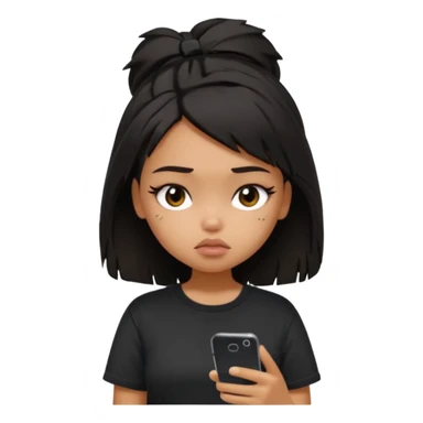 generate a pretty bratz girl with short black very messy dirty hair, looking tired and using her phone, wearing an oversized black tshirt sticker