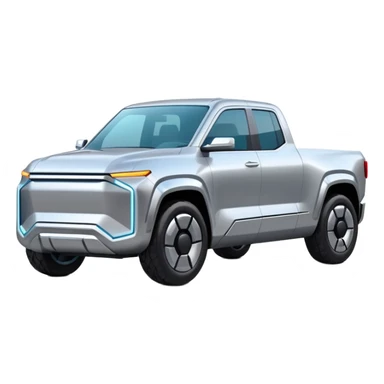A futuristic electric pickup truck emoji, silver chrome body, angular cyber design, smooth metallic panels, subtle reflections, minimalistic proportions, iOS emoji style, centered composition, clean white background, soft lighting sticker
