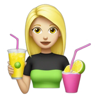 crazy blonde girl straw drinking pink lemonade with one green lemon in the cup, with black watch black tshirt sticker