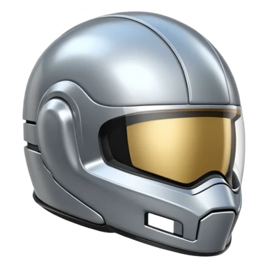 A futuristic helmet emoji made of silver chrome, smooth aerodynamic shape, minimal visor detail, reflective metallic surface, sci-fi aesthetic, iOS emoji style, centered on clean white background sticker