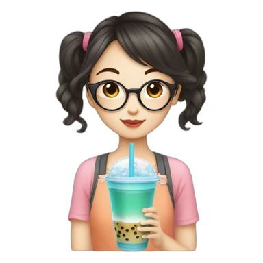 Asian girl with glasses drinking bubble tea sticker