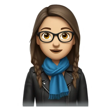 Slavic girl with long straight brown hair, fair skin, dark brown eyes, smile, black glasses, wearing a blue scarf around her neck and a leather jacket. sticker