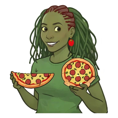 African-American woman with dreadlocks holding a precious slice of pepperoni pizza ￼ sticker