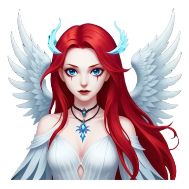 full body portrait of an extremely diabolical girl with pale white skin, massive towering wings, very long flowing blood red hair, glowing blue eyes, black hellfire aura, no horns, evil grin, no necklace sticker