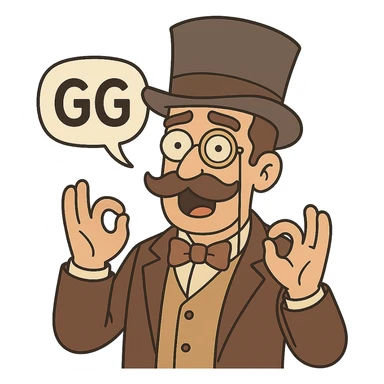 Make the man with mustache, top hat, and monocle show the word GG, in flat toon style, with no background. sticker