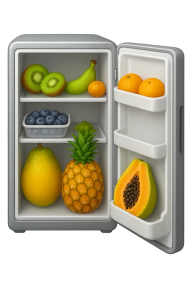 emoji stile iphone di un frigo aperto con dentro ben visibili questi alimenti: Kiwi
Banana acerba
Arance e mandarini
Mirtilli
Ananas
Papaya
IPERREALISTICO 4K sticker