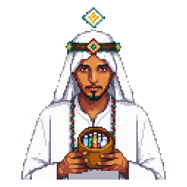 Arab man with traditional headdress holding medicine sticker