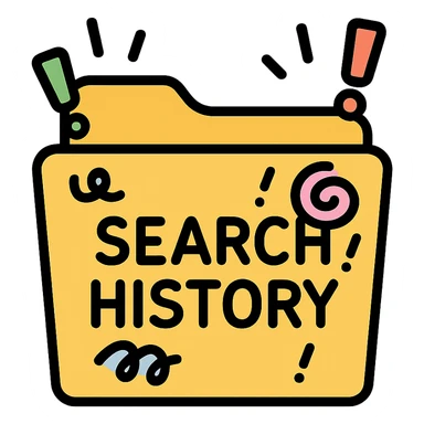 cartoon icon of a file folder labeled 'search history' with comical doodles and exclamation marks sticker