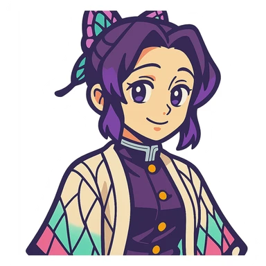 Shinobu Kocho from Demon Slayer, vibrant anime style, butterfly hairpin, purple-tinted hair, gentle smile sticker