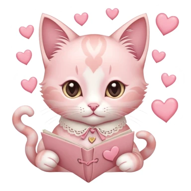 A pastel pink kitten with heart-shaped markings, a lace ribbon collar, holding a vintage love letter, surrounded by floating hearts. sticker