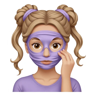 caucasian girl with long wavy dark blonde hair in messy bun wearing skincare lilac colored clay mask covering face sticker