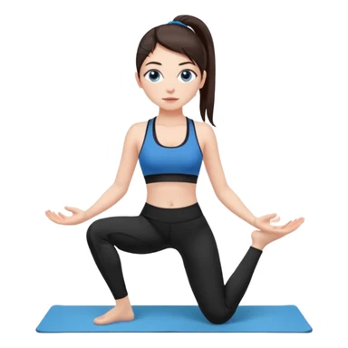 Девушка со светлой кожей и румянцем. Глаза большие, выразительные, голубые. Волосы длинные, прямые, тёмно-каштановые. собраны в хвост. На ней чёрные леггинсы и чёрный спортивный бюстгальтер.  in Tadasana yoga sticker