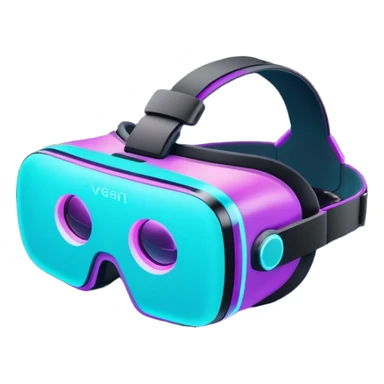 Futuristic glowing neon VR headset emoji, purple and cyan light, dark background, digital tech style sticker