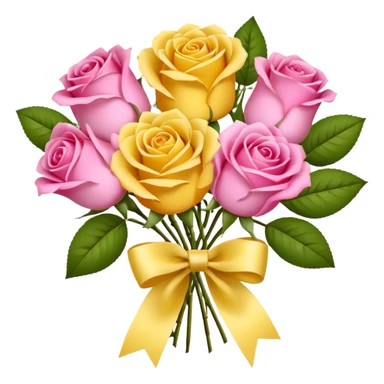 A bouquet of flowers, composed of pink and yellow roses, four blooms in total, tied with ribbon. sticker
