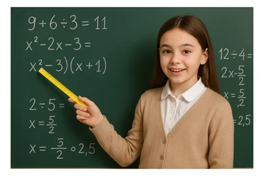 Edit the image to place the girl behind a green chalkboard filled with math equations. She is wearing a beige cardigan over a white collared shirt and is holding a yellow straight ruler, using it to point at the chalkboard. The chalkboard is behind her, and she is in a teaching pose. Maintain a natural and clear composition with the girl in front and the chalkboard visible behind her. sticker