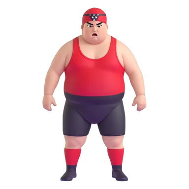 Close-up of white skin fat guy with prominent black durag, completely shaved face, no beard or mustache, black eyes in a red and black wrestling singlet with angry face sticker