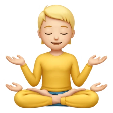 A 3D Apple-style yellow round emoji sitting in a lotus position, eyes gently closed, calm and peaceful smile, hands resting on knees with palms facing upward, relaxed eyebrows, soft glow around the emoji to symbolize inner peace, clean minimal background. sticker