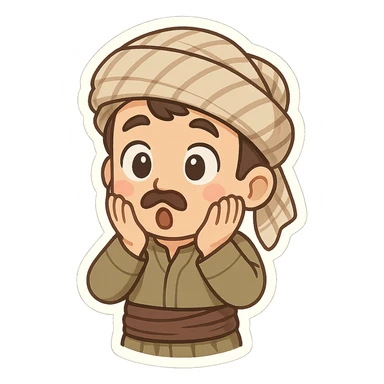 Kurdish sticker, cartoon style, Kurdish man or woman in jamadani, surprised expression, wide eyes, hands on cheeks, no text sticker