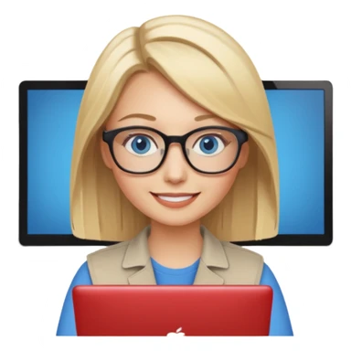 donna bionda occhi azzurri con occhiali, capelli media lunghezza lisci, è al pc è una grafica editoriale e redattrice sticker