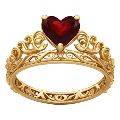 Gold ornate tiara shaped engagement ring with heart shaped garnet stone in center front facing sticker