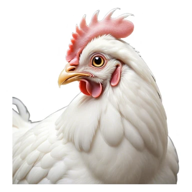 Cinematic Noble White Chicken Portrait Emoji, Poised and regal, with a compact, sturdy build and a pristine, well-groomed pure white plumage, deep-set soulful beady eyes, Simplified yet sharp and sophisticated features, highly detailed, glowing with a soft, dignified glow, high shine, intelligent and alert, stylized with an air of barnyard elegance, focused and attentive, soft glowing outline, capturing the essence of a watchful and confident fowl, so majestic it feels as though it could strut out of the screen with effortless authority! sticker