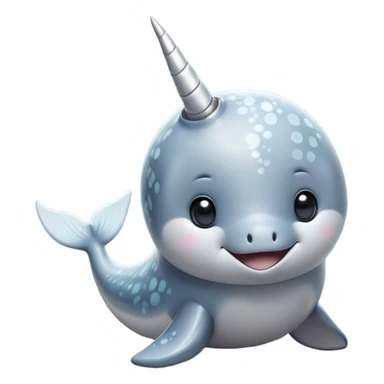 Cinematic Noble Cute Narwhal Portrait Emoji, Poised and graceful, with a streamlined, gently curved body clad in mottled, silvery-gray skin, accented by a long, spiraled ivory tusk and wide, expressive eyes radiating playful intelligence, Simplified yet sharp and sophisticated features, highly detailed, glowing with a cool, frosted ocean glow, high shine, intelligent and enigmatic, stylized with an air of whimsical marine majesty, focused and graceful, soft glowing outline, capturing the essence of a watchful and confident cute narwhal that appears ready to glide out of the screen with effortless charm! sticker