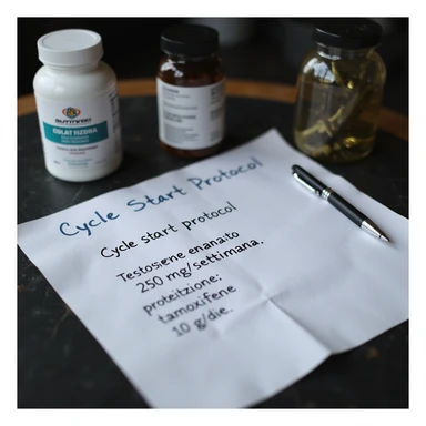Gym desk with cycle start protocol written on a sheet, next to supplements and a pen. The sheet reads: 'Ciclo base: testosterone enantato 250 mg/settimana, 8 settimane, protezione: tamoxifene 10 mg/die.' Hyperrealistic 4K details. sticker