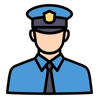Russian police officer wearing blue uniform and traditional police cap with badge sticker