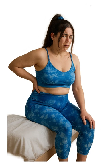 a woman in her 30s sits on the edge of her bed in the morning, holding her lower back with a pained expression. Subtle visual cues, like uneven shoulders or hips, hint at postural asymmetry. The room is softly lit, and a calendar on the wall shows months crossed off, symbolizing chronic pain over the years. sticker