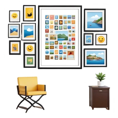 Icon for Photograph and Poster Collecting: a large poster in the center, surrounded by various-sized framed photographs. The icon should capture the charm of collecting photos and posters, arranged artistically on a wall. Transparent background. sticker