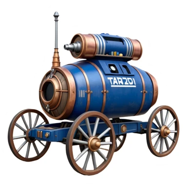 Old American West tarnished R2D2 bounty hunter 1854 delicately ornate rosegold accents painted dune buggy buckboard wagon powered by electric motors and batteries with safety features and belts flying rapidly across rough dusty terrain stable on strong agile futuresteampunk suspension and steering  sticker