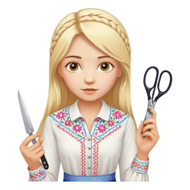 Ukrainian young girl with blonde hair in a white traditional embroidered shirt (vyshyvanka) holding scissors in one hand and colorful paper in the other hand sticker
