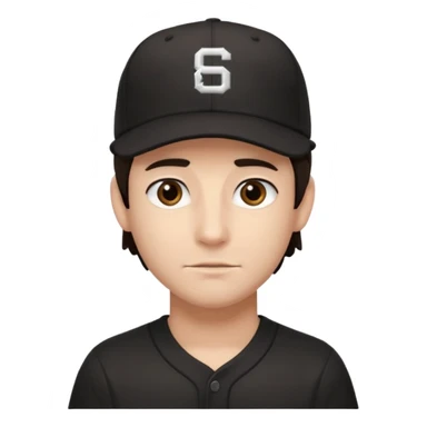 male, dark brown hair, dark brown eyes, fair skin, black baseball hat, no smile sticker
