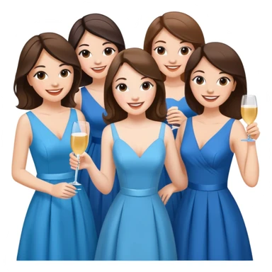 7 white girl friends all with brunette hair, bridesmaids, wearing diferente scooters with diferentes shared of blue partying sticker