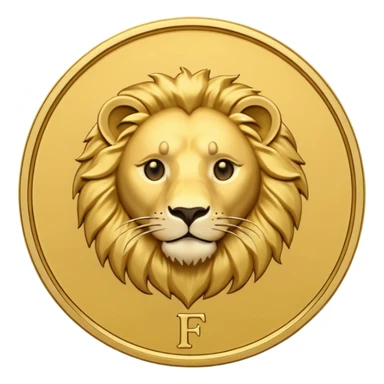 Pièce d’or ronde vue de face, lettre F gravée au centre, tête de lion fine et discrète en arrière‑plan, style emoji simple. sticker