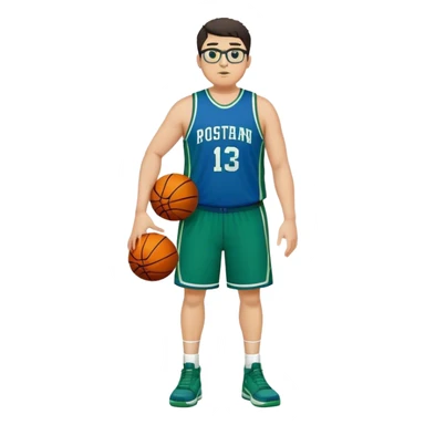 Full Body plus size tall white male with dark short hair basketball player wearing glasses wearing blue green uniform sticker