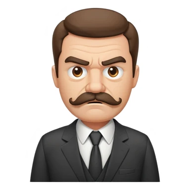 A grumpy cartoon man with a bushy mustache and angry expression, wearing a business suit sticker
