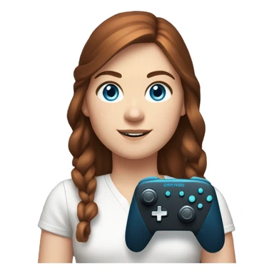 White girl, dark auburn hair, blue eyes, with a Nintendo switch controller sticker
