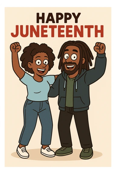 A woman Kinky hair light blue shirt blue jeans white shoes boy Dreadlocks dark brown hair green shuts navy blue zip up hoodie black jeans green shoes Bob Marley Vanessa Nakate Mae Jemison Happy JUNETEENTH sticker