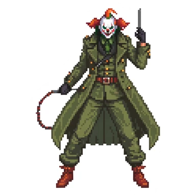 evil clown soldier, bald, small black horns on forehead, fangs, pointed ears, eye patch over one eye, long coat over black and military green clothes with bellbottom pants, tail, holding a whip, no knife, realistically proportioned, less bulky, full body, fighting stance sticker