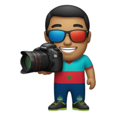 A face wearing sunglasses and a smile, holding a Canon camera in one hand, an iPhone in the other hand, and wearing a Moroccan national team shirt.  sticker
