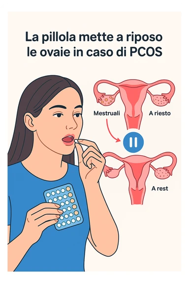 Donna con pcos che prende la pillola, e la pillola mette a riposo le ovaie in italiano sticker