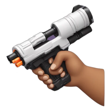 manicured hand holding large scary black and white nerf gun sticker