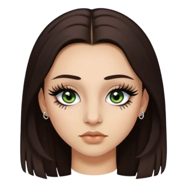 Y2k style Girl with: long, straight dark brown hair, green/ hazel eyes, nostril and septum piercing, fake eyelashes and eyeliner sticker