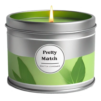 small pretty matcha scented candle in silver tin with label realistic sticker